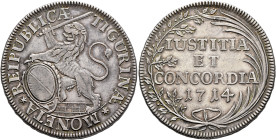 SWITZERLAND. Zürich. Stadt. Taler 1714 (Silver, 40 mm, 27.85 g, 12 h). MONETA✱REPUBLIC AE TIGURIN AE Lion standing left, holding sword in his right ha...