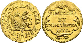 SWITZERLAND. Zürich, Stadt. Halbdukat 1776 (Gold, 17 mm, 1.77 g, 12 h). ✱MONETA REIPUB•TURICENSIS Lion rampant to left, holding sword over his left sh...