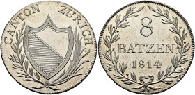 SWITZERLAND. Zürich. Kanton. 8 Batzen 1814 (Silver, 29 mm, 7.32 g, 6 h). CANTON ZURICH Coat of arms. Rev. 8 / BATZEN / 1814 in three lines within laur...
