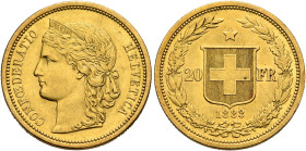 SWITZERLAND. Schweizerische Eidgenossenschaft (Swiss Confederation). 1848-present. 20 Franken 1883 (Gold, 21 mm, 6.43 g, 6 h), Bern. CONF OE DERATIO H...