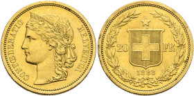 SWITZERLAND. Schweizerische Eidgenossenschaft (Swiss Confederation). 1848-present. 20 Franken 1883 (Gold, 20 mm, 6.47 g, 6 h), Bern. CONF OE DERATIO H...