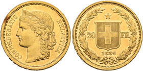 SWITZERLAND. Schweizerische Eidgenossenschaft (Swiss Confederation). 1848-present. 20 Franken 1886 (Gold, 21 mm, 6.44 g, 6 h), Bern. CONFOEDERATIO HEL...