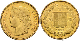 SWITZERLAND. Schweizerische Eidgenossenschaft (Swiss Confederation). 1848-present. 20 Franken 1889 B (Gold, 21 mm, 6.48 g, 6 h), Bern. CONF OE DERATIO...