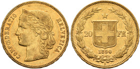 SWITZERLAND. Schweizerische Eidgenossenschaft (Swiss Confederation). 1848-present. 20 Franken 1890 B (Gold, 21 mm, 6.45 g, 6 h), Bern. CONF OE DERATIO...