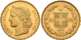 SWITZERLAND. Schweizerische Eidgenossenschaft (Swiss Confederation). 1848-present. 20 Franken 1891 B (Gold, 21 mm, 6.50 g, 6 h), Bern. CONF OE DERATIO...