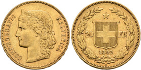 SWITZERLAND. Schweizerische Eidgenossenschaft (Swiss Confederation). 1848-present. 20 Franken 1892 B (Gold, 21 mm, 6.45 g, 6 h), Bern. CONF OE DERATIO...
