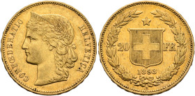 SWITZERLAND. Schweizerische Eidgenossenschaft (Swiss Confederation). 1848-present. 20 Franken 1893 B (Gold, 21 mm, 6.42 g, 6 h), Bern. CONFOEDERATIO H...