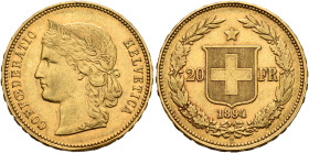 SWITZERLAND. Schweizerische Eidgenossenschaft (Swiss Confederation). 1848-present. 20 Franken 1894 B (Gold, 21 mm, 6.49 g, 6 h), Bern. CONF OE DERATIO...