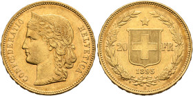 SWITZERLAND. Schweizerische Eidgenossenschaft (Swiss Confederation). 1848-present. 20 Franken 1895 B (Gold, 21 mm, 6.40 g, 6 h), Bern. CONF OE DERATIO...