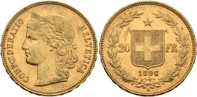 SWITZERLAND. Schweizerische Eidgenossenschaft (Swiss Confederation). 1848-present. 20 Franken 1896 B (Gold, 21 mm, 6.45 g, 6 h), Bern. CONF OE DERATIO...