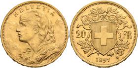 SWITZERLAND. Schweizerische Eidgenossenschaft (Swiss Confederation). 1848-present. 20 Franken 1897 B (Gold, 21 mm, 6.48 g, 6 h), Bern. HELVETIA Bust o...