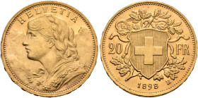 SWITZERLAND. Schweizerische Eidgenossenschaft (Swiss Confederation). 1848-present. 20 Franken 1898 B (Gold, 21 mm, 8.45 g, 6 h), Bern. HELVETIA Bust o...