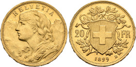 SWITZERLAND. Schweizerische Eidgenossenschaft (Swiss Confederation). 1848-present. 20 Franken 1899 B (Gold, 21 mm, 6.47 g, 6 h), Bern. HELVETIA Bust o...