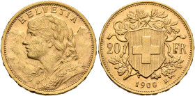 SWITZERLAND. Schweizerische Eidgenossenschaft (Swiss Confederation). 1848-present. 20 Franken 1900 B (Gold, 21 mm, 6.49 g, 6 h), Bern. HELVETIA Bust o...