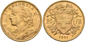 SWITZERLAND. Schweizerische Eidgenossenschaft (Swiss Confederation). 1848-present. 20 Franken 1901 B (Gold, 21 mm, 6.46 g, 6 h), Bern. HELVETIA Bust o...