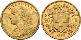 SWITZERLAND. Schweizerische Eidgenossenschaft (Swiss Confederation). 1848-present. 20 Franken 1902 B (Gold, 21 mm, 6.42 g, 6 h), Bern. HELVETIA Bust o...