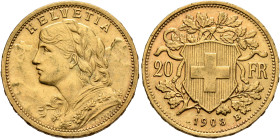 SWITZERLAND. Schweizerische Eidgenossenschaft (Swiss Confederation). 1848-present. 20 Franken 1903 B (Gold, 21 mm, 6.42 g, 6 h), Bern. HELVETIA Bust o...