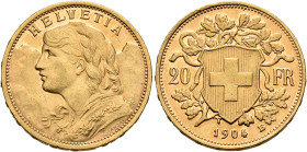 SWITZERLAND. Schweizerische Eidgenossenschaft (Swiss Confederation). 1848-present. 20 Franken 1904 B (Gold, 21 mm, 6.45 g, 6 h), Bern. HELVETIA Bust o...
