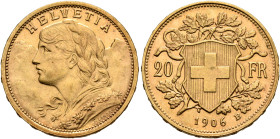 SWITZERLAND. Schweizerische Eidgenossenschaft (Swiss Confederation). 1848-present. 20 Franken 1906 B (Gold, 21 mm, 6.49 g, 6 h), Bern. HELVETIA Bust o...