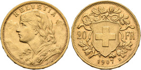 SWITZERLAND. Schweizerische Eidgenossenschaft (Swiss Confederation). 1848-present. 20 Franken 1907 B (Gold, 21 mm, 6.47 g, 6 h), Bern. HELVETIA Bust o...