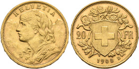 SWITZERLAND. Schweizerische Eidgenossenschaft (Swiss Confederation). 1848-present. 20 Franken 1908 B (Gold, 21 mm, 6.45 g, 6 h), Bern. HELVETIA Bust o...