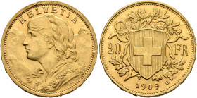 SWITZERLAND. Schweizerische Eidgenossenschaft (Swiss Confederation). 1848-present. 20 Franken 1909 B (Gold, 21 mm, 6.52 g, 6 h), Bern. HELVETIA Bust o...