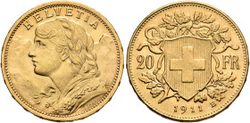SWITZERLAND. Schweizerische Eidgenossenschaft (Swiss Confederation). 1848-present. 20 Franken 1909 B (Gold, 21 mm, 6.48 g, 6 h), Bern. HELVETIA Bust o...
