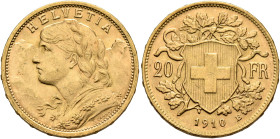 SWITZERLAND. Schweizerische Eidgenossenschaft (Swiss Confederation). 1848-present. 20 Franken 1910 B (Gold, 21 mm, 6.46 g, 6 h), Bern. HELVETIA Bust o...