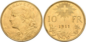 SWITZERLAND. Schweizerische Eidgenossenschaft (Swiss Confederation). 1848-present. 10 Franken 1911 B (Gold, 19 mm, 3.21 g, 6 h), Bern. HELVETIA Bust o...