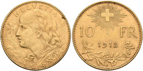 SWITZERLAND. Schweizerische Eidgenossenschaft (Swiss Confederation). 1848-present. 10 Franken 1912 B (Gold, 19 mm, 3.20 g, 6 h), Bern. HELVETIA Bust o...