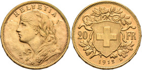 SWITZERLAND. Schweizerische Eidgenossenschaft (Swiss Confederation). 1848-present. 20 Franken 1912 B (Gold, 21 mm, 6.55 g, 6 h), Bern. HELVETIA Bust o...