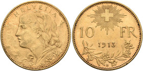 SWITZERLAND. Schweizerische Eidgenossenschaft (Swiss Confederation). 1848-present. 10 Franken 1913 B (Gold, 19 mm, 3.20 g, 6 h), Bern. HELVETIA Bust o...