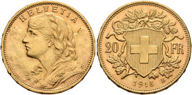 SWITZERLAND. Schweizerische Eidgenossenschaft (Swiss Confederation). 1848-present. 20 Franken 1913 B (Gold, 21 mm, 6.47 g, 6 h), Bern. HELVETIA Bust o...