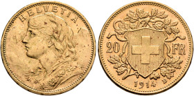 SWITZERLAND. Schweizerische Eidgenossenschaft (Swiss Confederation). 1848-present. 20 Franken 1914 B (Gold, 21 mm, 6.44 g, 6 h), Bern. HELVETIA Bust o...