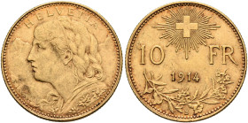 SWITZERLAND. Schweizerische Eidgenossenschaft (Swiss Confederation). 1848-present. 10 Franken 1914 B (Gold, 19 mm, 3.21 g, 6 h), Bern. HELVETIA Bust o...