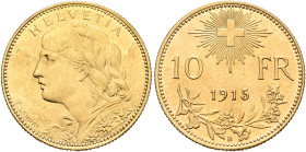 SWITZERLAND. Schweizerische Eidgenossenschaft (Swiss Confederation). 1848-present. 10 Franken 1915 B (Gold, 18 mm, 3.23 g, 6 h), Bern. HELVETIA Bust o...