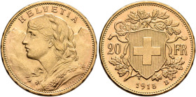 SWITZERLAND. Schweizerische Eidgenossenschaft (Swiss Confederation). 1848-present. 20 Franken 1915 B (Gold, 21 mm, 6.53 g, 6 h), Bern. HELVETIA Bust o...