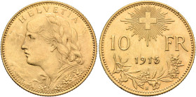 SWITZERLAND. Schweizerische Eidgenossenschaft (Swiss Confederation). 1848-present. 10 Franken 1915 B (Gold, 19 mm, 3.22 g, 6 h), Bern. HELVETIA Bust o...