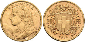SWITZERLAND. Schweizerische Eidgenossenschaft (Swiss Confederation). 1848-present. 20 Franken 1915 B (Gold, 21 mm, 6.44 g, 6 h), Bern. HELVETIA Bust o...
