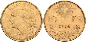 SWITZERLAND. Schweizerische Eidgenossenschaft (Swiss Confederation). 1848-present. 10 Franken 1916 B (Gold, 19 mm, 3.23 g, 6 h), Bern. HELVETIA Bust o...