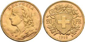 SWITZERLAND. Schweizerische Eidgenossenschaft (Swiss Confederation). 1848-present. 20 Franken 1916 B (Gold, 21 mm, 6.44 g, 6 h), Bern. HELVETIA Bust o...