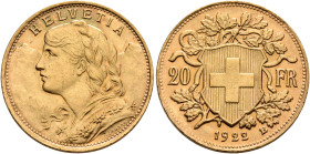 SWITZERLAND. Schweizerische Eidgenossenschaft (Swiss Confederation). 1848-present. 20 Franken 1922 B (Gold, 21 mm, 6.52 g, 6 h), Bern. HELVETIA Bust o...