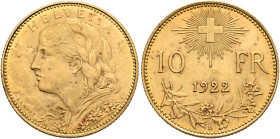 SWITZERLAND. Schweizerische Eidgenossenschaft (Swiss Confederation). 1848-present. 10 Franken 1922 B (Gold, 19 mm, 3.23 g, 6 h), Bern. HELVETIA Bust o...