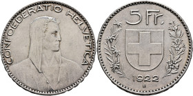 SWITZERLAND. Schweizerische Eidgenossenschaft (Swiss Confederation). 1848-present. 5 Franken 1922 B (Silver, 37 mm, 25.00 g, 6 h). CONFOEDERATIO HELVE...