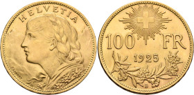 SWITZERLAND. Schweizerische Eidgenossenschaft (Swiss Confederation). 1848-present. 100 Franken 1925 B (Gold, 36 mm, 32.34 g, 6 h), Bern. HELVETIA Drap...
