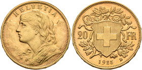 SWITZERLAND. Schweizerische Eidgenossenschaft (Swiss Confederation). 1848-present. 20 Franken 1925 B (Gold, 21 mm, 6.48 g, 6 h), Bern. HELVETIA Bust o...