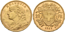 SWITZERLAND. Schweizerische Eidgenossenschaft (Swiss Confederation). 1848-present. 20 Franken 1927 B (Gold, 21 mm, 6.46 g, 6 h), Bern. HELVETIA Bust o...