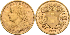 SWITZERLAND. Schweizerische Eidgenossenschaft (Swiss Confederation). 1848-present. 20 Franken 1927 B (Gold, 21 mm, 6.43 g, 6 h), Bern. HELVETIA Bust o...