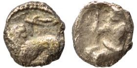 SAMARIA. "Middle Levantine" Series. Circa 375-333 BC. Hemiobol (silver, 0.29 g, 6 mm). Baal seated left, holding scepter. Rev. Lion standing left, hea...