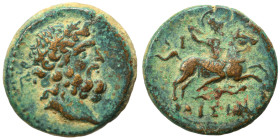 PISIDIA. Isinda. 2nd-1st centuries BC. Ae (bronze, 4.79 g, 18 mm). Laureate head of Zeus left. Rev. ΙΣΙΝ Warrior, holding spear, galloping on horse ri...